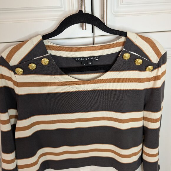 Veronica Beard Bertie Layered Top L - Charcoal/Tan/White Stripes, Gold Buttons - Picture 4 of 12